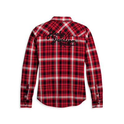 Womens Retro Script Font Flannel Shirt - YD Plaid - Chili Pepper