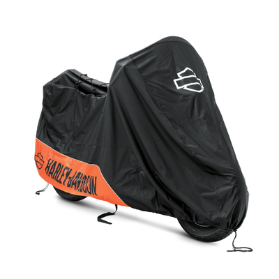 Indoor/Outdoor Motorcycle Cover For VRSC/Dyna/Softail/RH models- Black/Orange