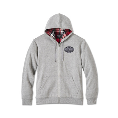 Harley-Davidson Men&#39;s Bar &amp; Shield Plaid Lined Zip-Up Hoodie - Grey Heather