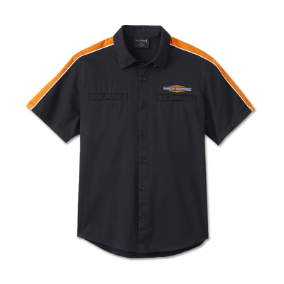 Harley-Davidson Stacked Bar &amp; Shield Short Sleeve Mens Shirt - Colorblock - Harley Black &amp; Harley Orange