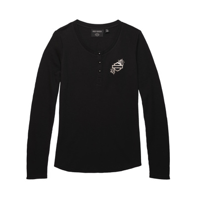 Womens Fireside Roses Thermal Henley - Black Beauty