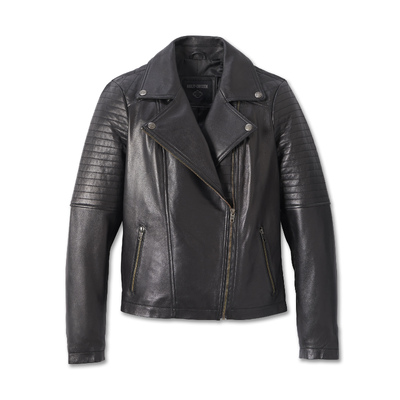 Womens Classic Biker Debossed Leather Jacket - Black
